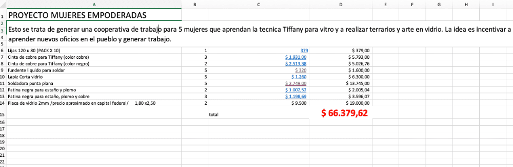 Excel de lo que necesito comprar para el emprendimiento.
